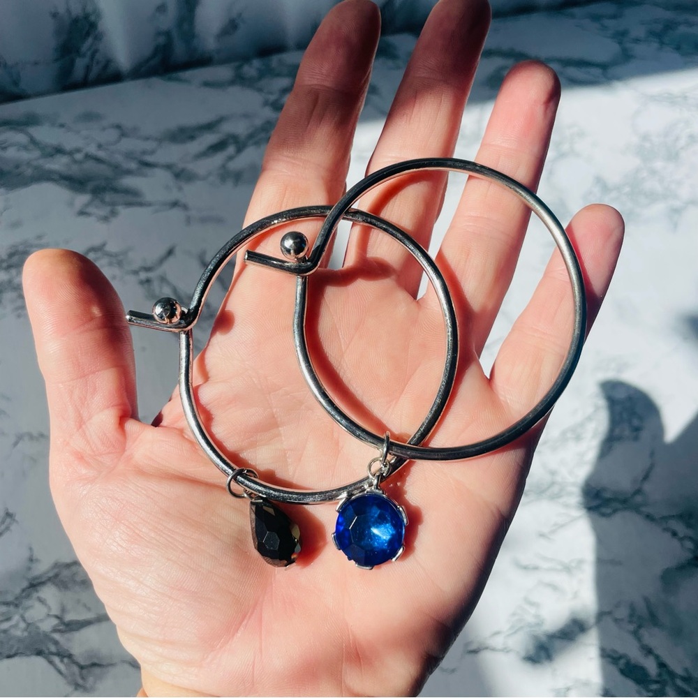 Silver Set of 2 Elegant Sapphire Blue & Grey/charcoal Charm Beaded Bracelet